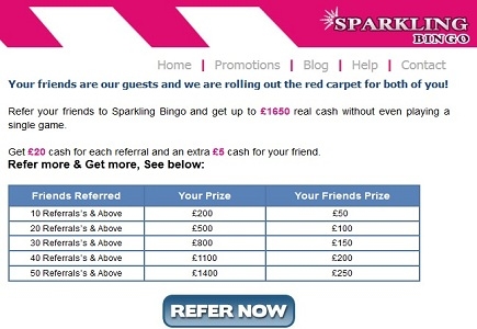 Get £1650 Real Cash for bringing friends to Sparkling Bingo